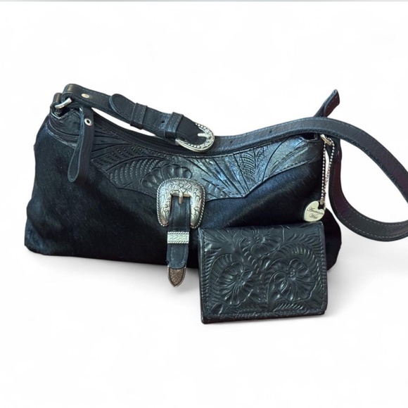 American West COW TOWN ZIP-TOP SHOULDER BAG -BLACK HAIR ON HIDE and WALLET - Picture 1 of 6